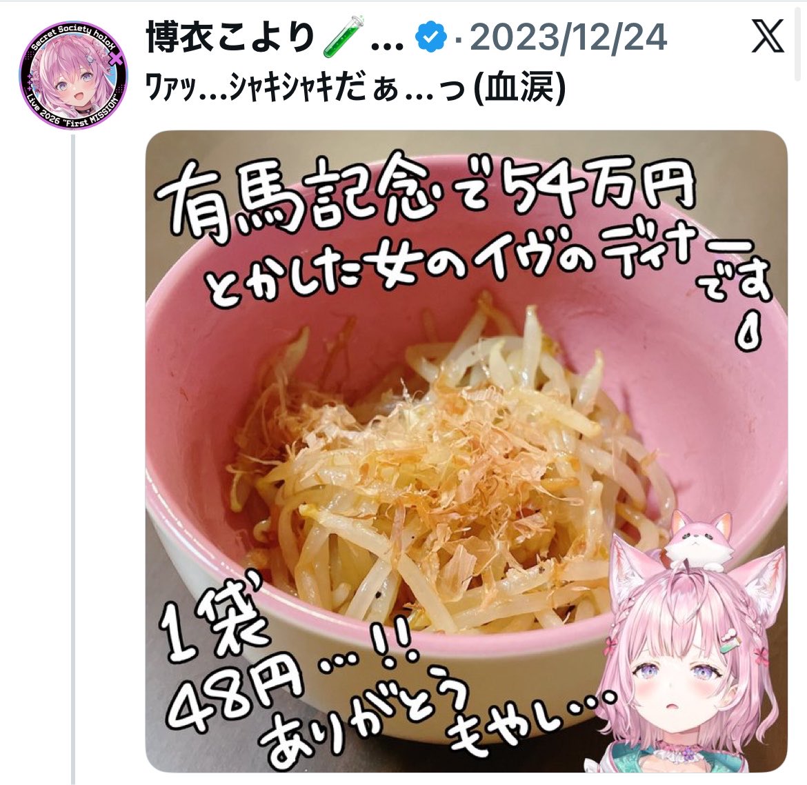 VTuberInsiderJP's tweet photo. 「競馬で54万円溶かして、晩御飯はもやし炒めでした」

ホロライブ博衣こよりさん
金持ちの貧乏アピールが面白いと思っている模様。

自分にとっても54万は大金だって言ってますが、スパチャで同時回収しますし、そもそも経費で落とすでしょう。

博打はずれたら痛いから面白いんですよ。フレイザードさんを見習いなさい。

とりあえず名前を博打おやりに改名してはどうですか？