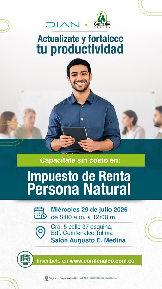 Inenciblescol's tweet photo. ⚠️ ¡Se acercan las fechas para declarar Renta!
Afiliado Comfenalco Tolima: capacítate SIN COSTO con la DIAN.
Aprende a declarar Impuesto de Renta Persona Natural y evita errores.
📅 Miércoles 29 de julio | 8:00 a.m. a 12:00 m.
📍 Salón Augusto E. Medina - Comfenalco Tolima https://t.co/jBIzl2HpGA