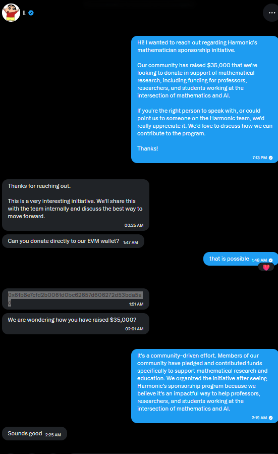 HarmonicFund's tweet photo. We have reached out to @llllvvuu 

The @HarmonicMath team has confirmed a wallet.

From now on 100% of the donations go to :

0x61b8E7cfd2B0061d0Bc62657D606272D53bDA5aD https://t.co/5IyDE8Vxzy