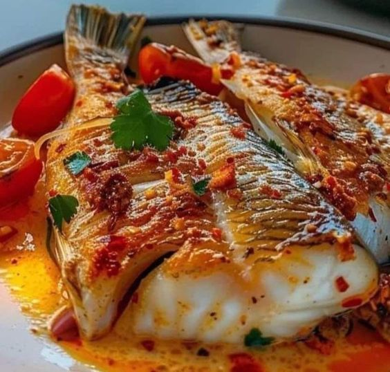 NThanh86518's tweet photo. Golden, crispy-skinned white fish smothered in a rich garlic chili butter sauce, finished with fresh parsley, red chili, and sweet cherry tomatoes. Best enjoyed with warm crusty bread! 🍽️🐠
#SeafoodDinner
#FishFillet
#FreshHerbs
#SeafoodLover👇 https://t.co/dTZ6HpGc0g