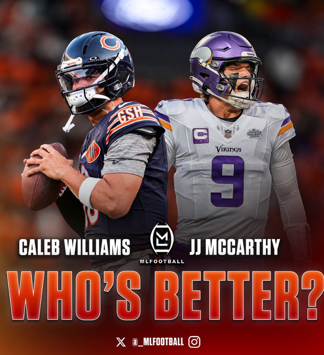 MLFootball's tweet photo. WHO IS THE BETTER #NFL QUARTERBACK RIGHT NOW…?

JJ McCarthy or Caleb Williams 

🧐🧐🧐 https://t.co/9h54cHIxj3