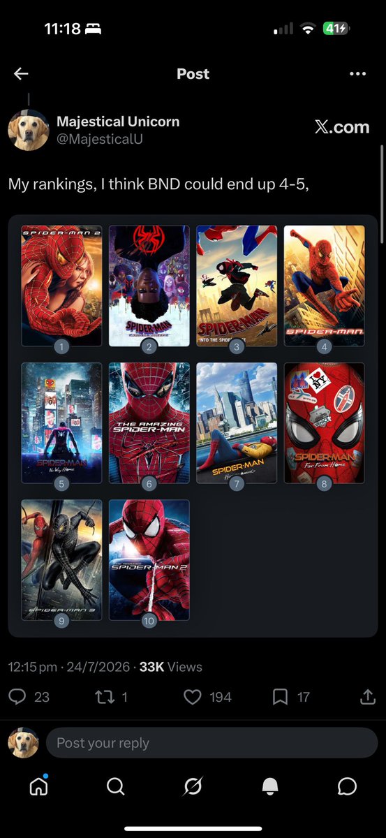 MajesticalU's tweet photo. @Jv1i3n_ 7/10 and I don’t think 4 would’ve worked, this felt conclusive for Tobey’s Spidey’s arc. As for my rankings: https://t.co/IWTAa9Od6L