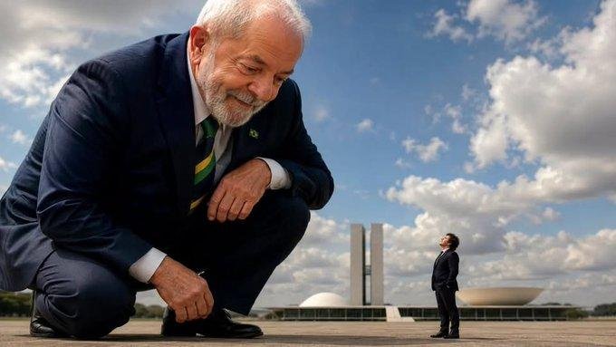 FoiceMarttelo's tweet photo. Essa imagem, gerada por IA e que peguei de alguém que não lembro, mostra exatamente a grandeza de @LulaOficial diante de Milei e pode mandar vir mais umas dúzias de chefe de Estado. Lula é GIGANTE 

BRASIL SOBERANO 
LULA2026 https://t.co/0MtAHikaNs
