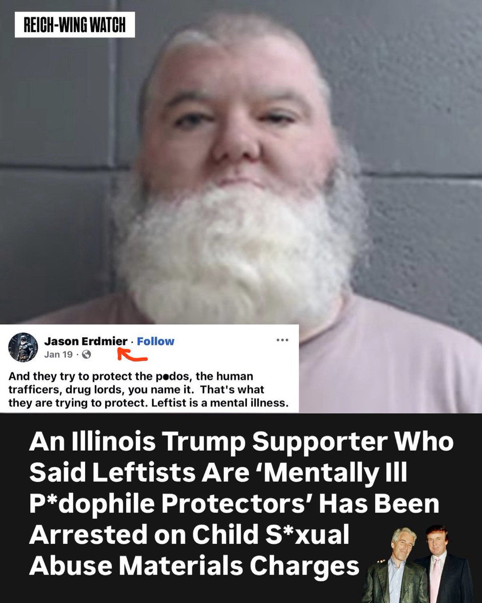 ReichWingWatch's tweet photo. 🚨Meet Trump supporter Jason L. Erdmier, 47, of Sterling, IL, who accused leftists of “protecting p*dos, human traffickers, drug lords.” He was arrested July 21 and charged with two felony counts of possessing child s*xual abuse material. Because of course of he was.

He’s held at Whiteside County Jail pending a detention hearing.

Projection, much?