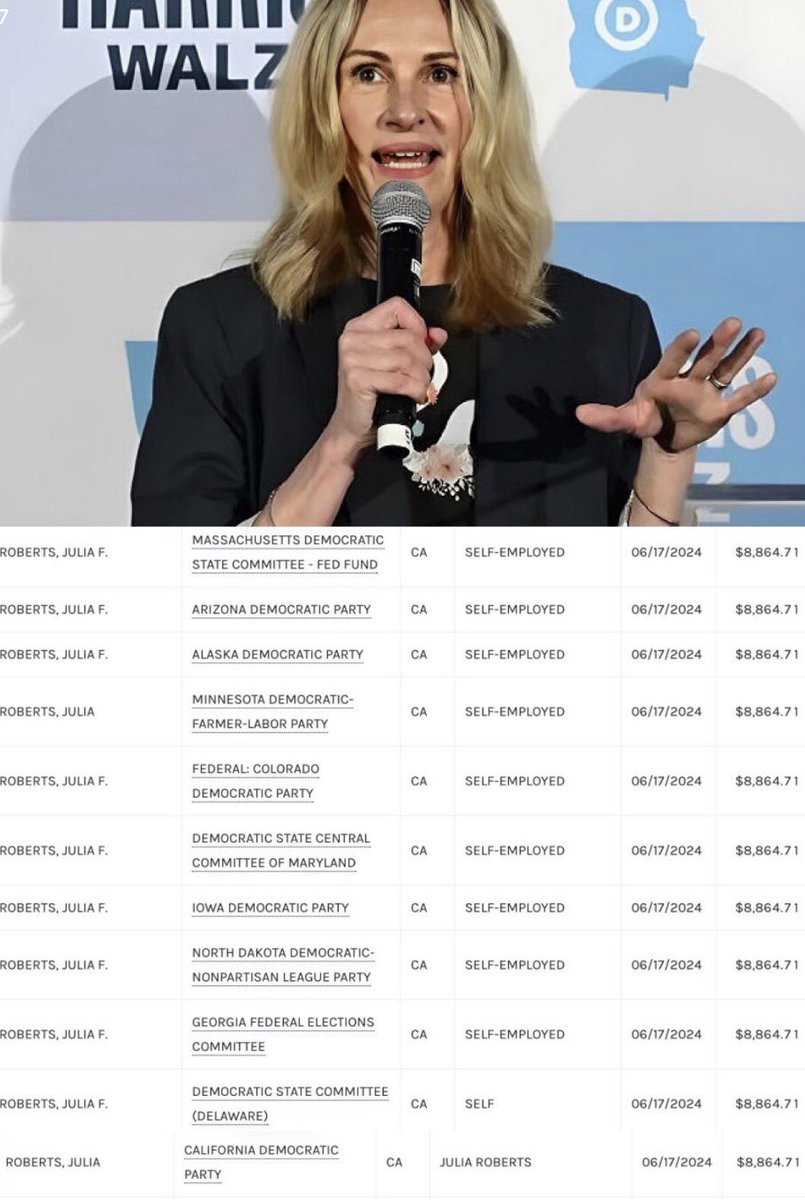 JamesHartline's tweet photo. Evidence of the evil, diabolical plot by Hollywood Swamp Democrats to destroy President Trump. Look carefully at all of the campaign contributions that Julia Roberts made to the Democratic Party in every U.S. state in 2024. She contributed the same amount and each contribution included the amount of $8,864.71 — 86 47.