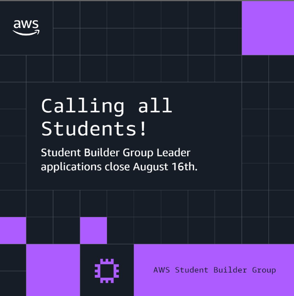 DeveloperWebTV's tweet photo. AWS Student Builder Group Leaders wanted. https://t.co/1y57XbC6Rs https://t.co/fuIpuYgfsx