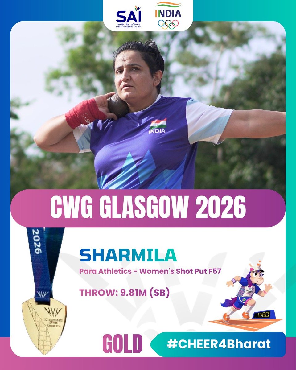 AkashvaniAIR's tweet photo. Sharmila scripts history by winning Gold in the Women's Shot Put F57 with a season-best throw of 9.81m at the Commonwealth Games! 

#Cheer4Bharat #CWG2026 #Glasgow2026

@WeAreTeamIndia @Media_SAI @MIB_India https://t.co/NRQ38KE32x