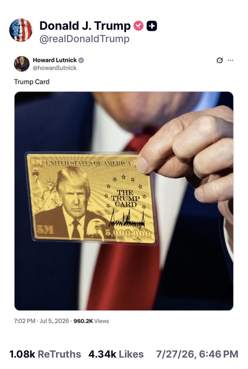 Juliedonuts's tweet photo. President Trump Post:

The Trump Card. Multiple meanings exist. 🔥🔥🔥 https://t.co/fXNBCy6hCh