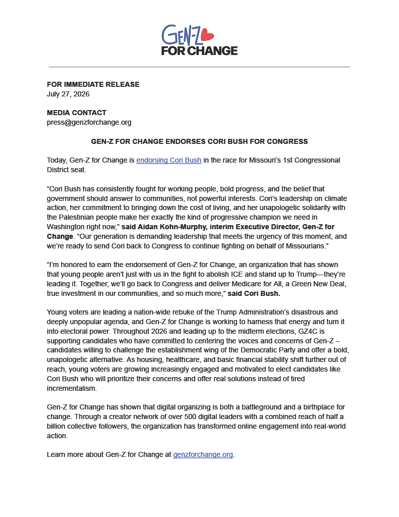genzforchange's tweet photo. “I’m honored to earn the endorsement of Gen-Z for Change, an organization that has shown that young people aren’t just with us in the fight to abolish ICE and stand up to Trump—they’re leading it," said Cori Bush. See our full statement below. https://t.co/UHlKbFBaAT
