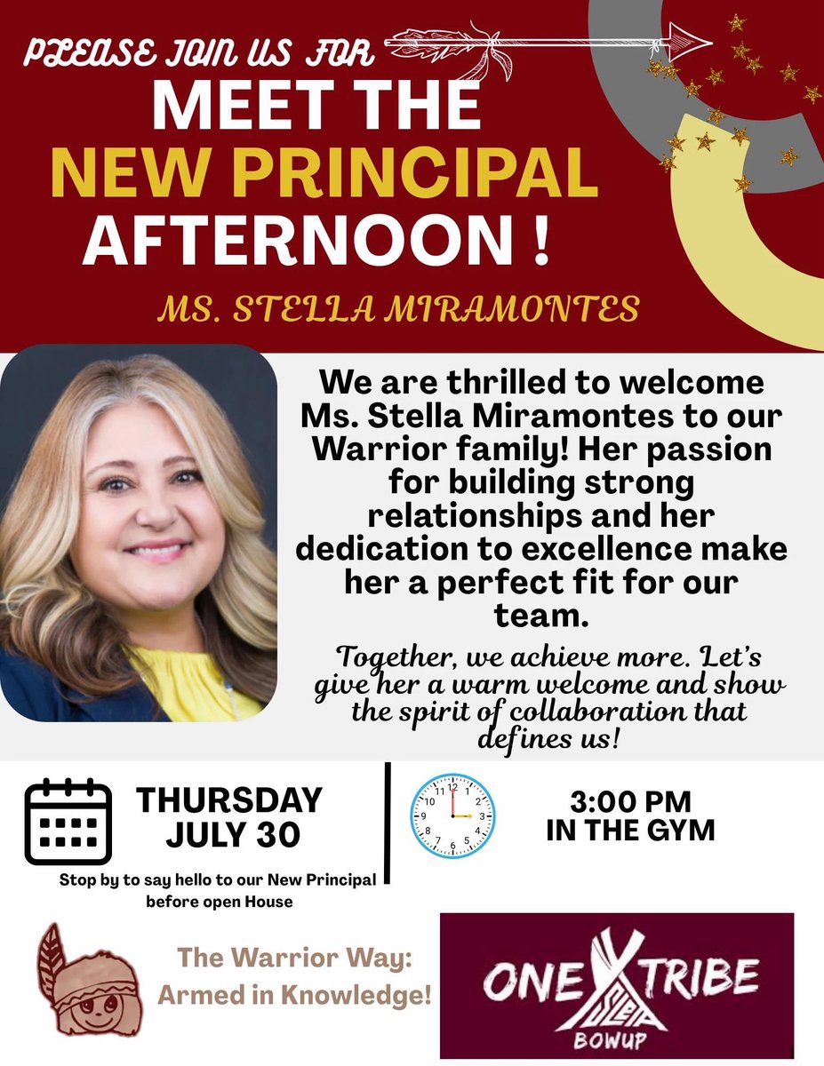 yeswarriors1's tweet photo. Please join us Thursday, July 30, at 3:00 PM in the Ysleta elementary gym as we welcome our new Principal, Ms. Stella Miramontes! Come meet her, say hello and help us welcome her to the Warriors community. We can’t wait to begin this exciting new chapter together! 🏹 #bowsup https://t.co/UMz6mUjjzu