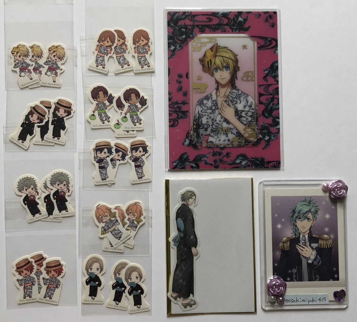 misakimiyuki415's tweet photo. 【交換】うたプリ グラショ 浴衣 

《譲》
① フレークシール各3枚
音也 那月 トキヤ レン 翔 セシル 嶺二 蘭丸 カミュ
② 和紙ステッカー
カミュ
③ビジュカ
翔

《求》
①②藍、真斗　③真斗

7/31 池袋、または別日　手渡し交換のみ
ゆるく募集します https://t.co/2ejj2IzHd5