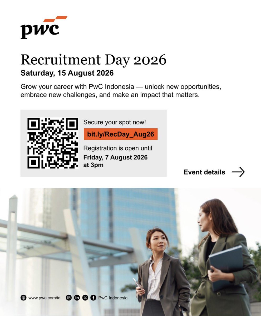 genzcorporation's tweet photo. PwC Recruitment Day 2026 Now Open‼️

Yang tertarik kerja di Big4, daftar disini👇👇

Deadline pendaftaran: 7 Agustus, 3 PM https://t.co/Fh0tMIFaTG