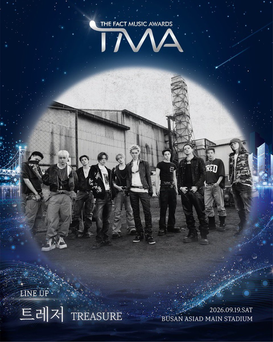 gagmasah1's tweet photo. TREASURE will perform at the 2026 The Fact Music Awards (TMA) on Sept. 19 (Sat) at Busan Asiad Main Stadium! 💎

#TREASURE #트레저 #トレジャー 
@treasuremembers https://t.co/IKu2DX6Enp