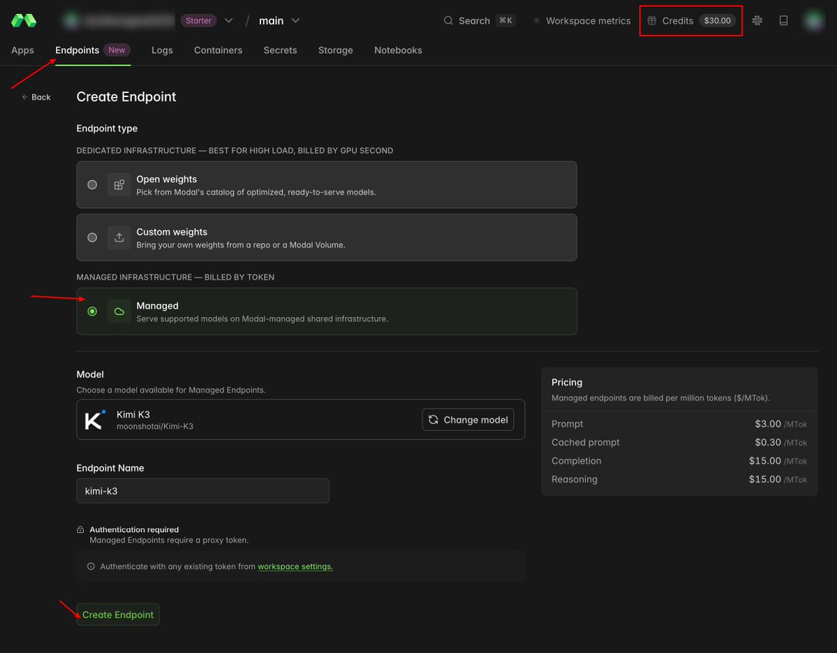 StudentOffersHQ's tweet photo. Free Kimi K3 API. $30/month in credits, refills every month. No card.

Modal just put Kimi K3 on their inference API, and their standard $30/month free compute credit covers it. Use K3 free, month over month — in their own words.

$30 ≈ 10M input or 2M output K3 tokens a month.

One-click OpenCode setup. Any OpenAI-compatible tool works, some need a small proxy.

The credit covers their whole endpoint catalog: GLM, DeepSeek, Qwen, Gemma 4, GPT-OSS. Plus raw GPU for anything else.

What people run on the free tier:
→ ComfyUI + Flux image gen (~50 T4 hrs/mo)
→ 600 AI videos/mo (one guy, $0)
→ Whisper, LoRA fine-tunes, TTS
→ small apps that scale to zero — $0 for months

We've tested it — setup takes minutes, and $30/month is genuinely generous.

Exceed $30? Workloads just stop. No surprise bill. Credit doesn't roll over.

Not a student thing. No .edu, no waitlist, open to everyone.