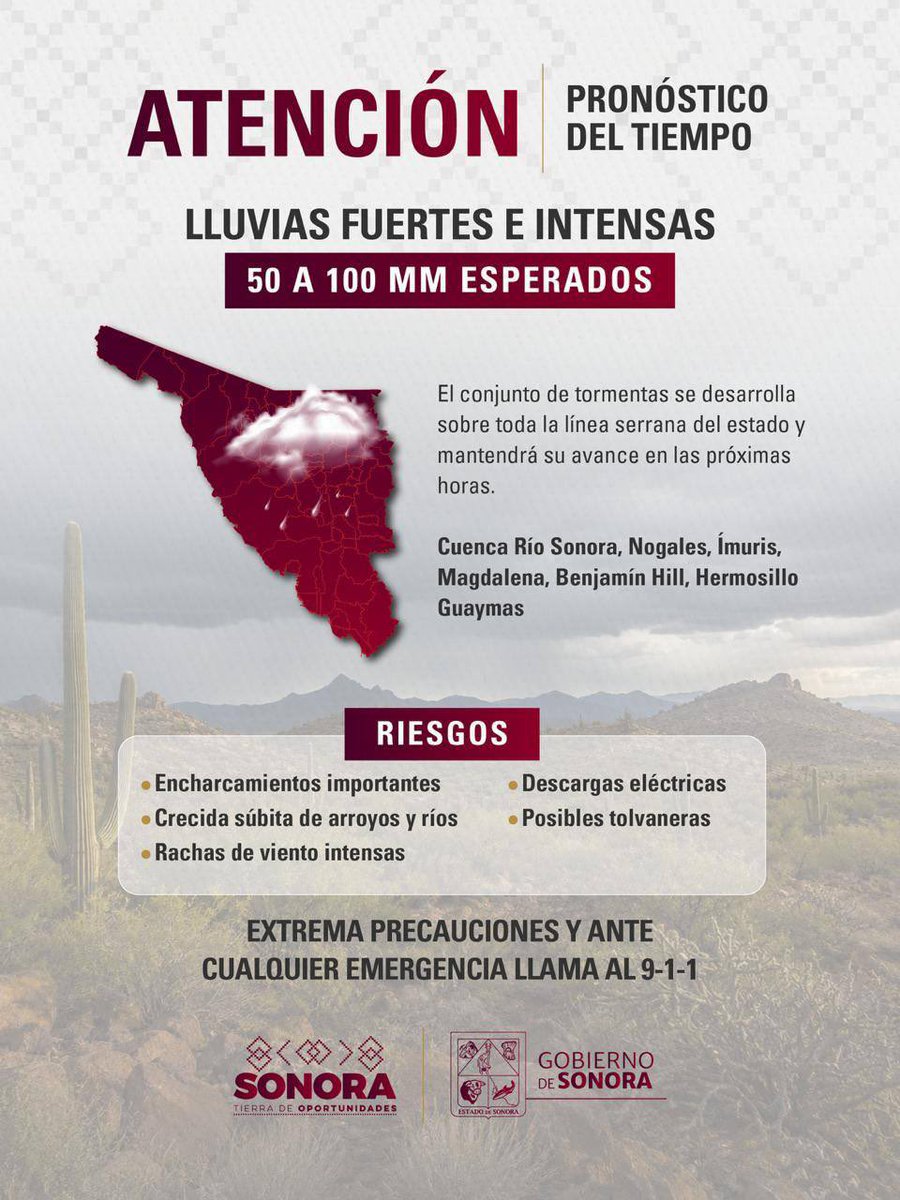 AlfonsoDurazo's tweet photo. Se esperan lluvias fuertes a intensas en la zona serrana de Sonora, con acumulados de 50 a 100 mm, descargas eléctricas y rachas de viento.

Recuerda seguir las recomendaciones de Protección Civil y tomar precauciones ante posibles encharcamientos y crecidas de ríos y arroyos. En caso de emergencia, llama al 9-1-1.