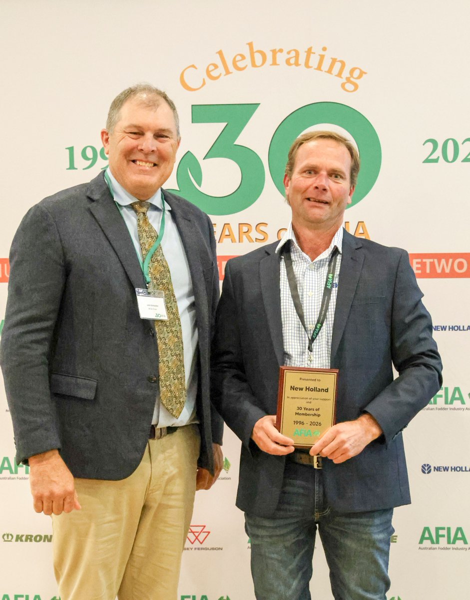 AusFodder's tweet photo. 30 years of New Holland as AFIA's founding machinery sponsor — thank you! 🎉 Big thanks also to RP Motors, Sune Nielsen, and @littlehappyhut_coffee_catering. Congrats to Vic Dohle Hoffmann on the lucky door prize! #AFIA #NewHolland https://t.co/bZdTDVM0q3