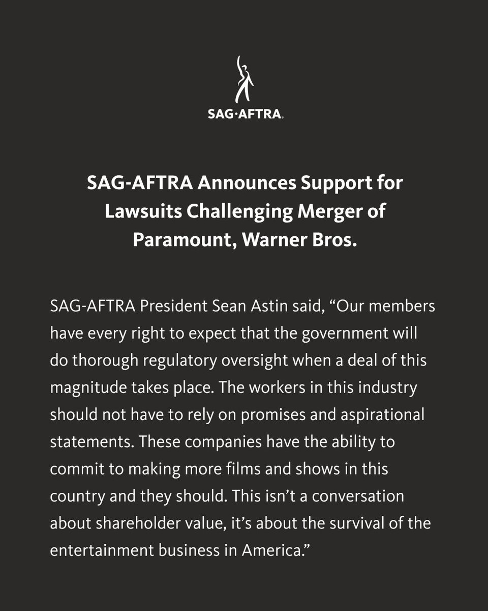 sagaftra's tweet photo. SAG-AFTRA Announces Support for Lawsuits Challenging Merger of Paramount, Warner Bros.

Read more: https://t.co/L4Yrr2CejE https://t.co/chWG1rdoNa