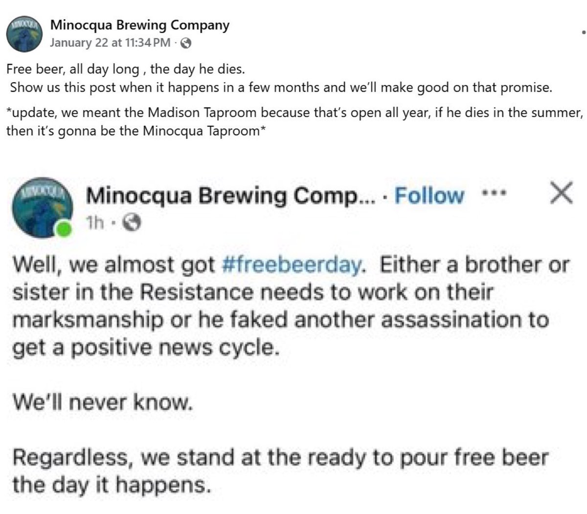 libsoftiktok's tweet photo. BREAKING: Wisconsin brewing company who advertised free beer the day Trump dies, and mourned the failed ass*ssination attempts, says their permit has been REVOKED https://t.co/hVod1E9kIm