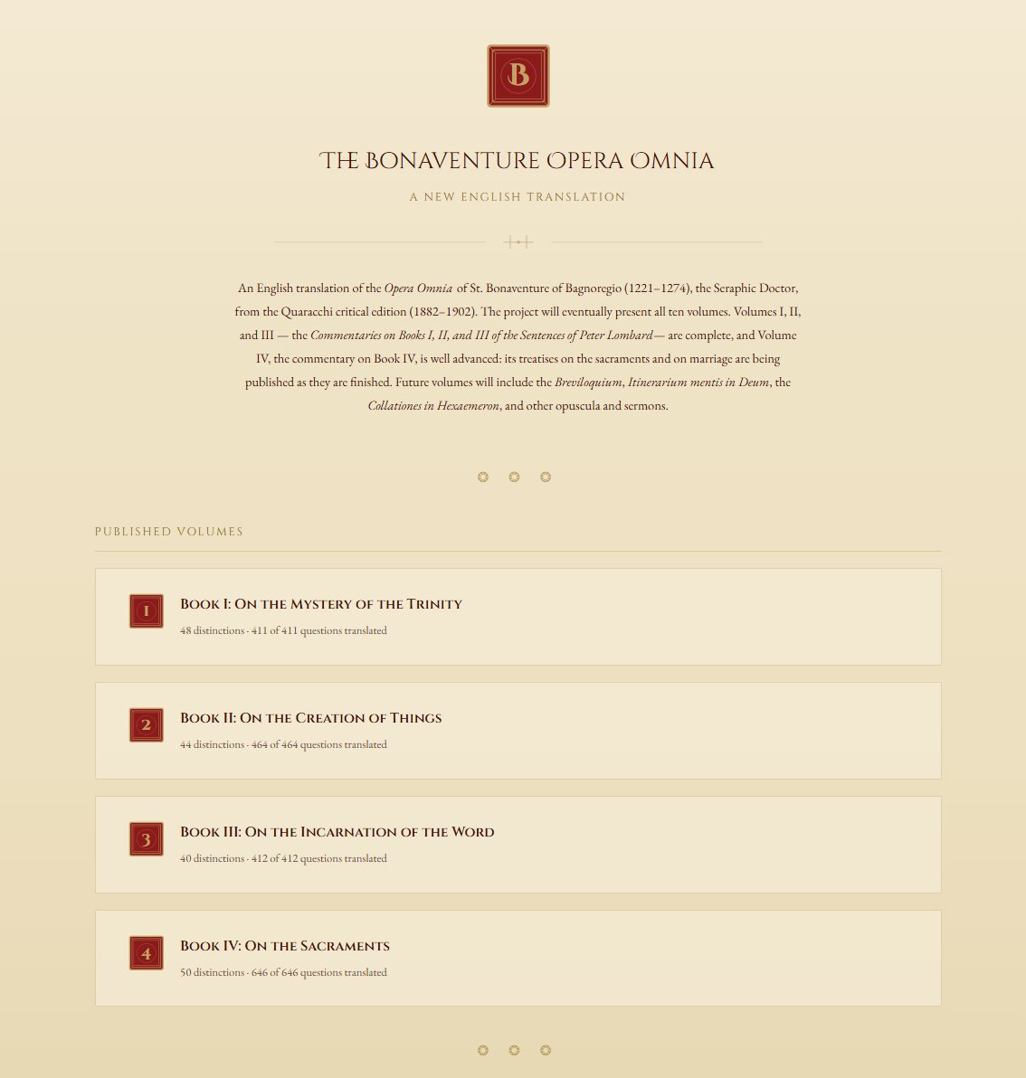 _bonaventurian's tweet photo. Hello everyone. Please go show your support to the guys over here who have translated in full St. Bonaventure's Commentary on the Sentences, volumes I->IV. St. Bonaventure's major systematic work is now finally available in English. https://t.co/cXTOl6TDX3 https://t.co/nPdwPIIGeM
