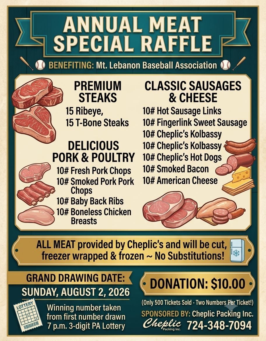 LeboBaseball's tweet photo. LAST CHANCE! A handful of tickets remain for our Annual Cooperstown Meat Raffle. Drawing Date is August 2nd, 2026. $10 gets you 2 chances to win! Comment or direct message us to support Mt. Lebanon Baseball! https://t.co/OIMFZ4D8Ls