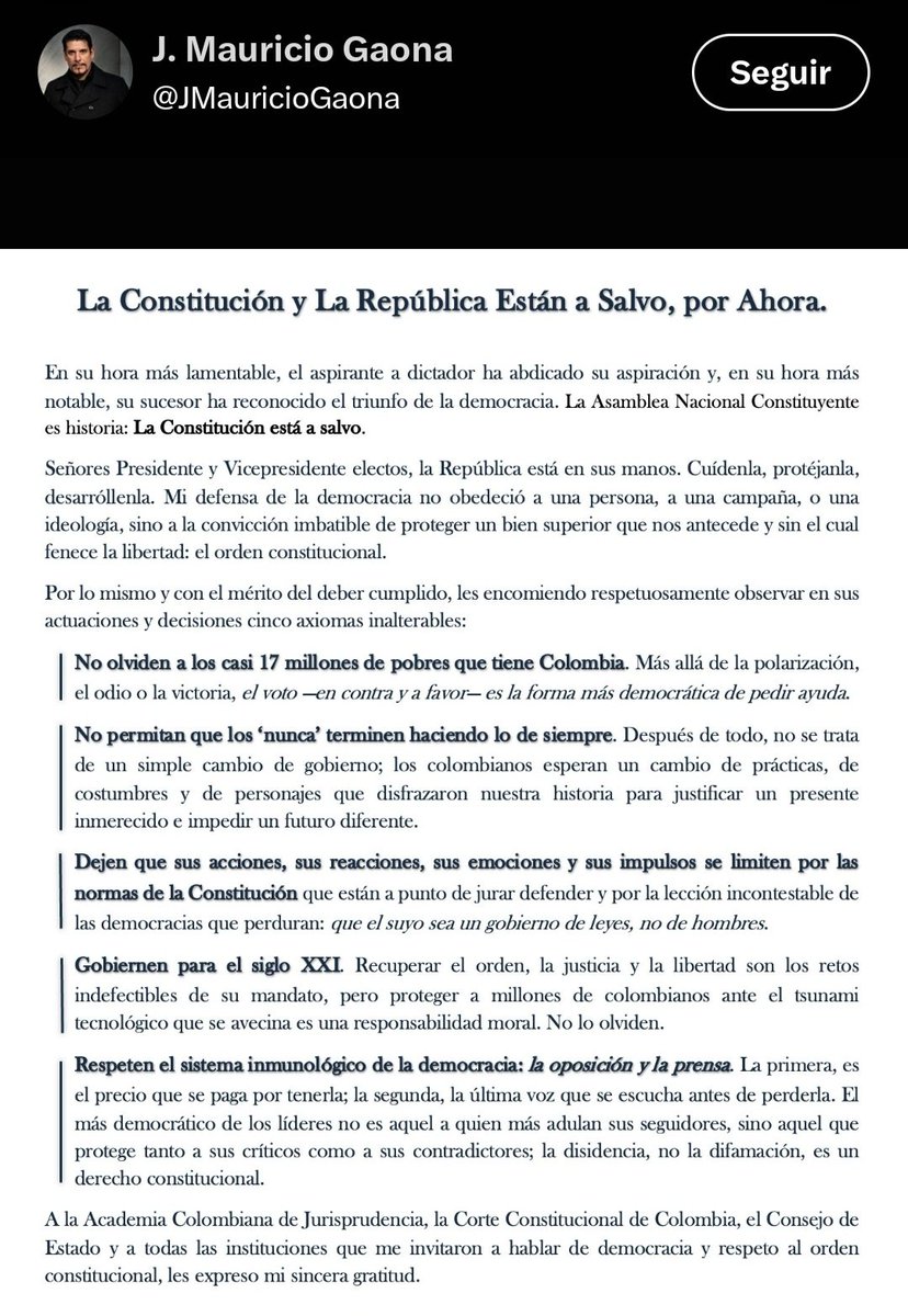 SuarezTrinando2's tweet photo. La coherencia de algunos dura unas cuantas semanas.
Caso  @jmauriciogaona en 3 actos:

1 acto: comunicado diciendo que no estaba en campaña de  Abelardo, ni aceptaba cargos en su gobierno por reservas personales con alguien cercano a la campaña: se  supo después que se refería a Carlos Alonso Lucio por haber sido del M-19 (toma palacio de justicia)
 
2 acto: carta de despedida de Colombia.

3 Acto: acepta y agradece designación como Embajador ante Naciones Unidas en Nueva York.

Curioso además porque Abelardo ha dicho que retirará a Colombia de la OEA y de Naciones Unidas.

Cualquier reserva moral y/personal se olvida ante una Embajada en Nueva York. "Ni más faltaba". 

Los 3 actos: