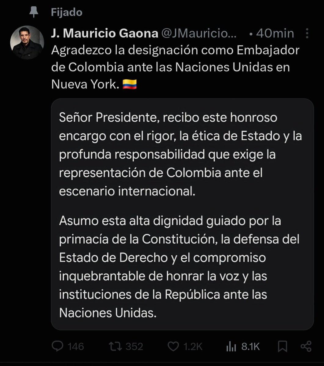 SuarezTrinando2's tweet photo. La coherencia de algunos dura unas cuantas semanas.
Caso  @jmauriciogaona en 3 actos:

1 acto: comunicado diciendo que no estaba en campaña de  Abelardo, ni aceptaba cargos en su gobierno por reservas personales con alguien cercano a la campaña: se  supo después que se refería a Carlos Alonso Lucio por haber sido del M-19 (toma palacio de justicia)
 
2 acto: carta de despedida de Colombia.

3 Acto: acepta y agradece designación como Embajador ante Naciones Unidas en Nueva York.

Curioso además porque Abelardo ha dicho que retirará a Colombia de la OEA y de Naciones Unidas.

Cualquier reserva moral y/personal se olvida ante una Embajada en Nueva York. "Ni más faltaba". 

Los 3 actos: