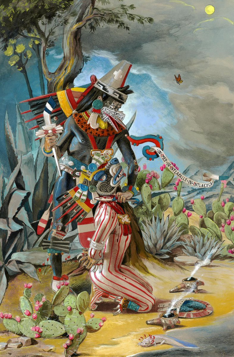 MiCorazonMexica's tweet photo. The Sacrifice of Xolotl

A gouache on paper inspired by one of the most moving sacred narratives of the Mexica world. Faced with the sacrifice that would set the Sun and Moon into motion, Xolotl fled in fear, transforming Himself again and again before finally accepting His fate.

His sacrifice made the dawn possible.

See more of my paintings inspired by the sacred narratives of our ancestors in my Etsy shop:
https://t.co/CMWSYqnWlv