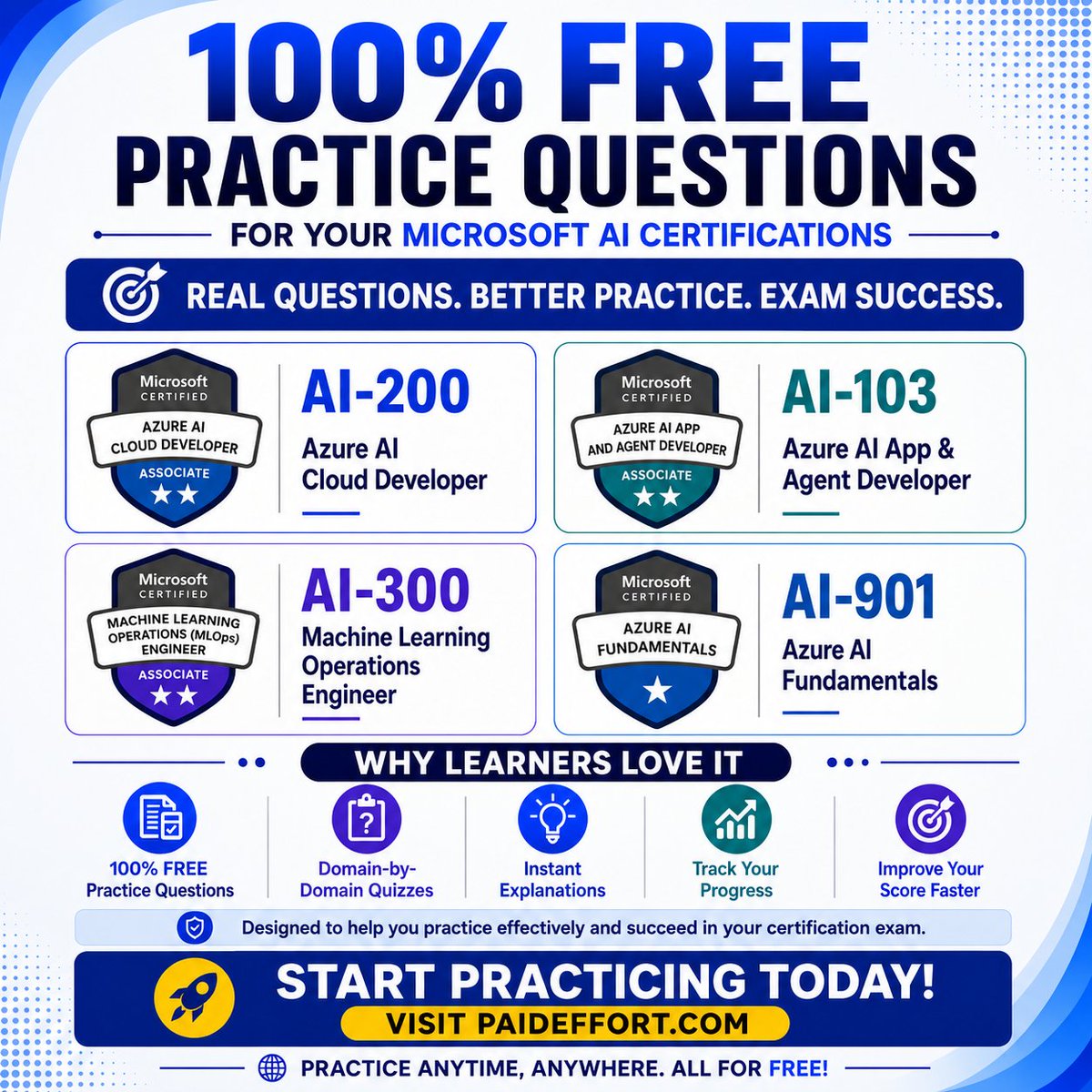 paideffort's tweet photo. Ready to ace your Microsoft AI certification? 🚀 Access 100% FREE practice questions at https://t.co/horqVAaL7u and watch exam walkthroughs: https://t.co/6mtR6OnkeW
#MicrosoftAI #AI200 #AI103 #AI300 #AI901 #AzureAI #MicrosoftCertification #PracticeQuestions https://t.co/X6ZAagzHmk