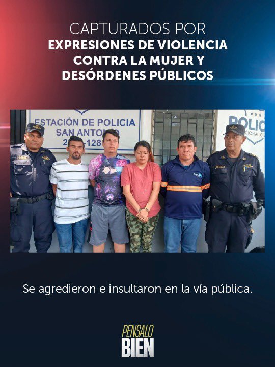 Stephvani's tweet photo. La PNC informó la captura de 4 personas que protagonizaron una pelea mientras consumían alcohol en Ciudad Delgado.

Serán procesados por desórdenes públicos y también por expresiones de violencia contra la mujer. https://t.co/bhHNvBdiiM