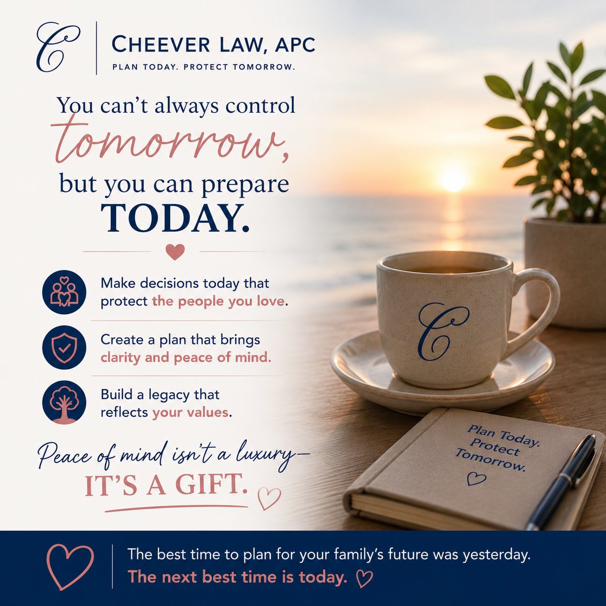 CheeverLaw's tweet photo. ✨ A little planning today can make a lifetime of difference tomorrow.

While none of us can predict what the future holds, we can choose to prepare for it with intention. Every thoughtful decision you make today is a lasting gift to the people you love. https://t.co/WDDllMKE27