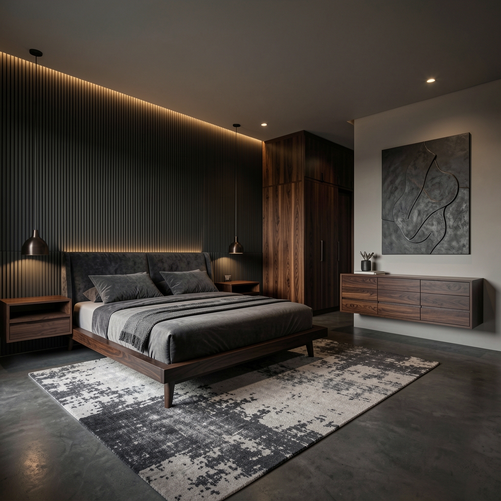AtelierNusa's tweet photo. Gelap itu bukan cuma soal warna, tapi soal mood. Ribbed panel dan warm wood tones berpadu menciptakan retreat yang nyaman dan timeless. Di ruangan ini, waktu serasa melambat.

#AtelierNusa #BedroomDesign #LombokLiving #DarkInteriors #TimelessDesign https://t.co/ppupiJsgtm