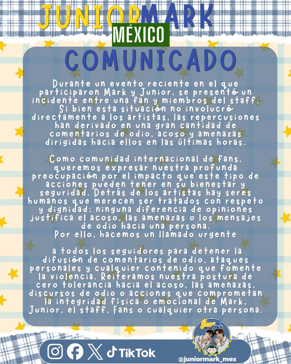 JuniorMark_Mex's tweet photo. Por el bienestar y la seguridad de Mark, Junior, el staff y toda nuestra comunidad 🤝💙
Compartimos este comunicado importante para recordar la razón por la que estamos aquí: apoyar desde el respeto, la empatía y el cuidado mutuo. Ninguna situación justifica la violencia ni los ataques.
Trabajemos juntos por espacios seguros y positivos para todos. 🫶