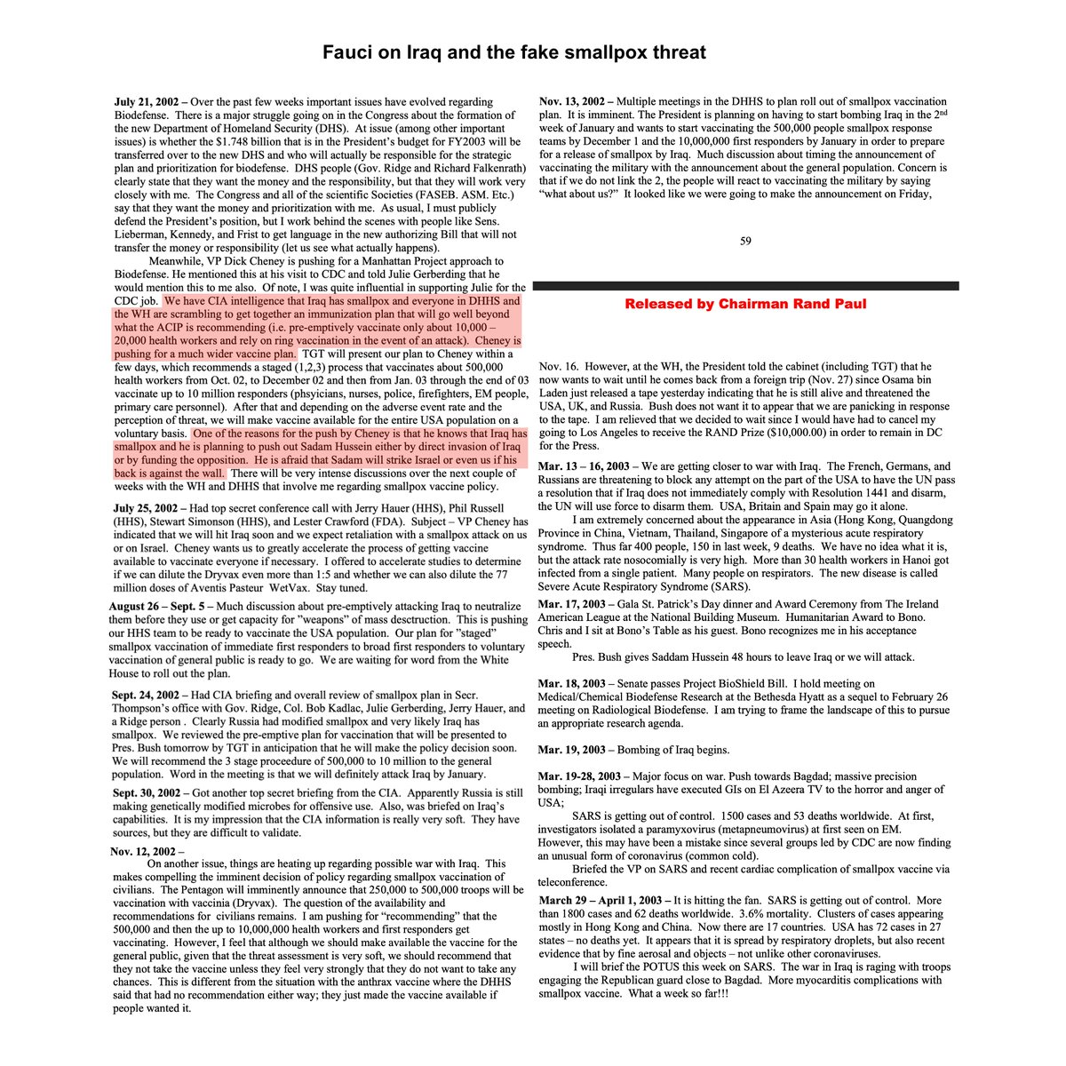 anxeru's tweet photo. Dick Cheney told Fauci about the Iraq war 8 months before it started. Cheney/CIA thought Iraq would retaliate with a smallpox attack. A 3 month search after the war began found no evidence Iraq had smallpox. The smallpox shots caused myocarditis. Fauci’s attention turned to SARS. https://t.co/OAtEG0TreE