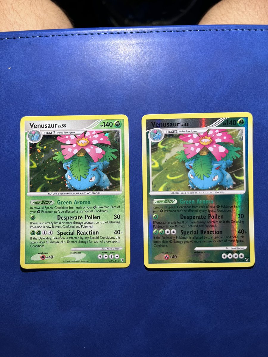 pokejuughouse's tweet photo. Picked these 2 Venasaurs recently. Ofc I had to a HoloFoil and Reverse HoloFoil 🍃

#pokemon #pokemoncard #venusaur #TCG #holo #reverseholo https://t.co/ecyCz1oJHt