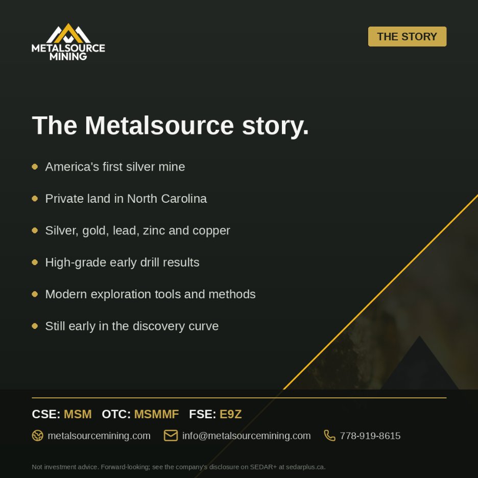 Metalsource_inc's tweet photo. The MetalSource story:

America’s first silver mine.

Private land in North Carolina.

Silver, gold, lead, zinc and copper.

High-grade early drill results.

Modern exploration.

Still early in the discovery curve.

Questions? Call: 778-919-8615 or Email: info@metalsourcemining.com CSE:

$MSM.CN | OTC: MSMMF | FSE: E9Z

#Mining #Silver #Gold