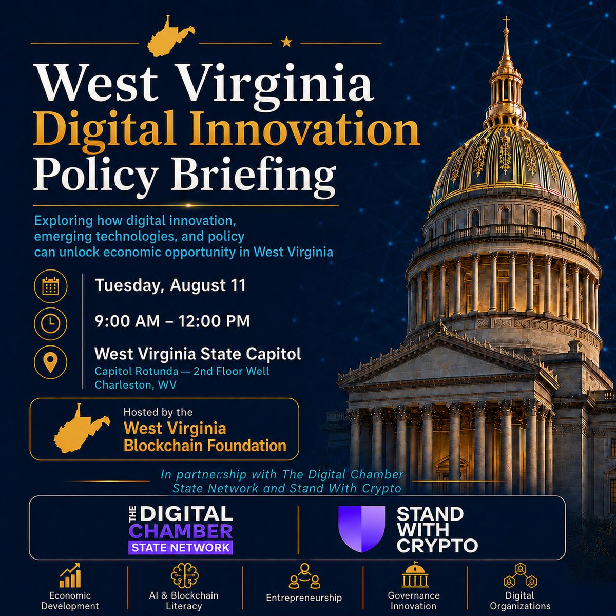 WVblockchain's tweet photo. West Virginia is opening the door to new economic opportunities through emerging technology policy. Join us August 11 at the State Capitol for the West Virginia Digital Innovation Policy Briefing. https://t.co/BVZppQczcb https://t.co/Liu387TcKK