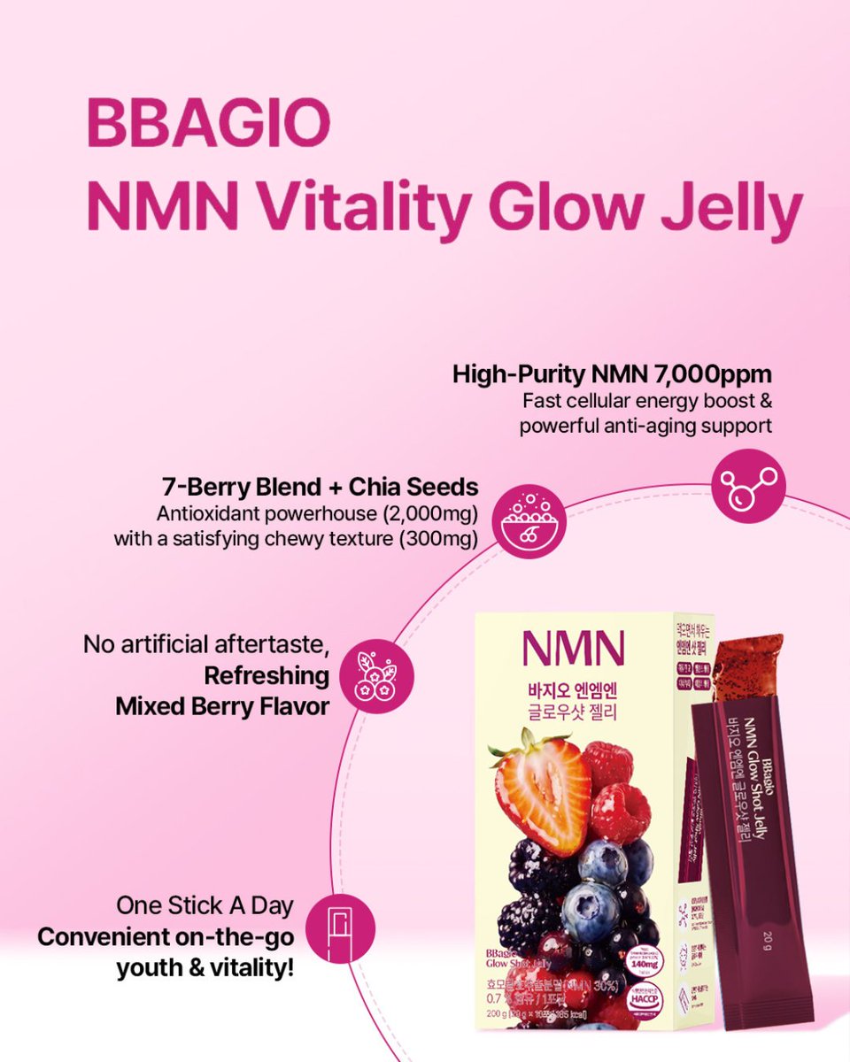 dr_bbagio_gl's tweet photo. ✨ BBagio NMN Glow Shot Jelly
Glow from the inside out 💜

🔹 NMN 140mg per stick
🔹 1 jelly a day for radiant skin

Restore your skin's natural vitality 🍓🫐

#BBagio #NMN #GlowShotJelly #glowup #innerbeauty #dailywellness #antiaging #haccp #drbbagio https://t.co/zbG7okFhIs