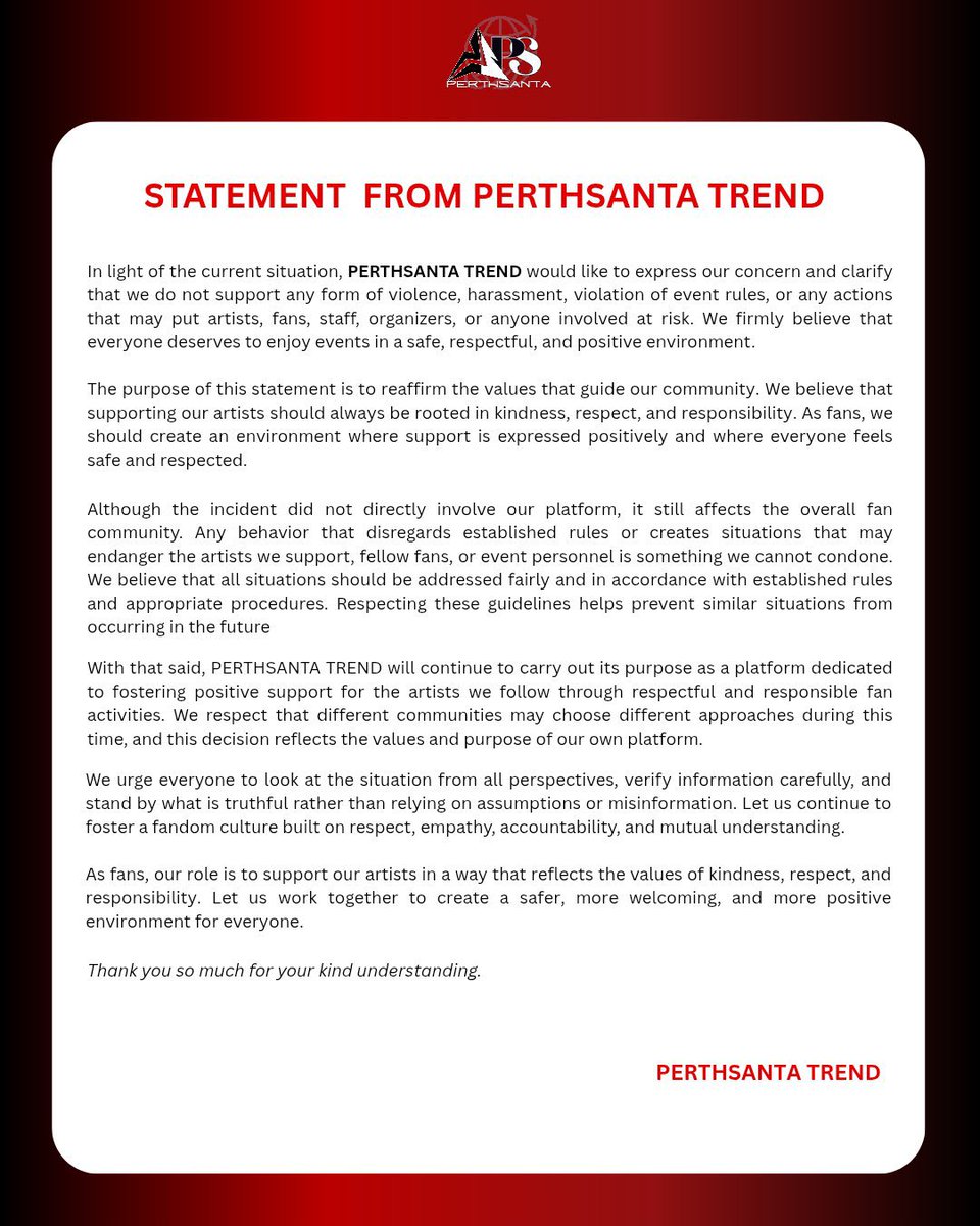 cessieps's tweet photo. Let the Thai people stand in solidarity with their fellow Thais, while international fans continue to stand together in support of PS and their endeavors. 

Please stop the hostile approach towards the TH fanclub. Calm down, okay? 

If there’s any figure to blame, it should be the company ( @GMMTV) who never listens to fans’ grievances and suggestions, and their poor handling with this incident which ultimately allowed the situation to escalate.