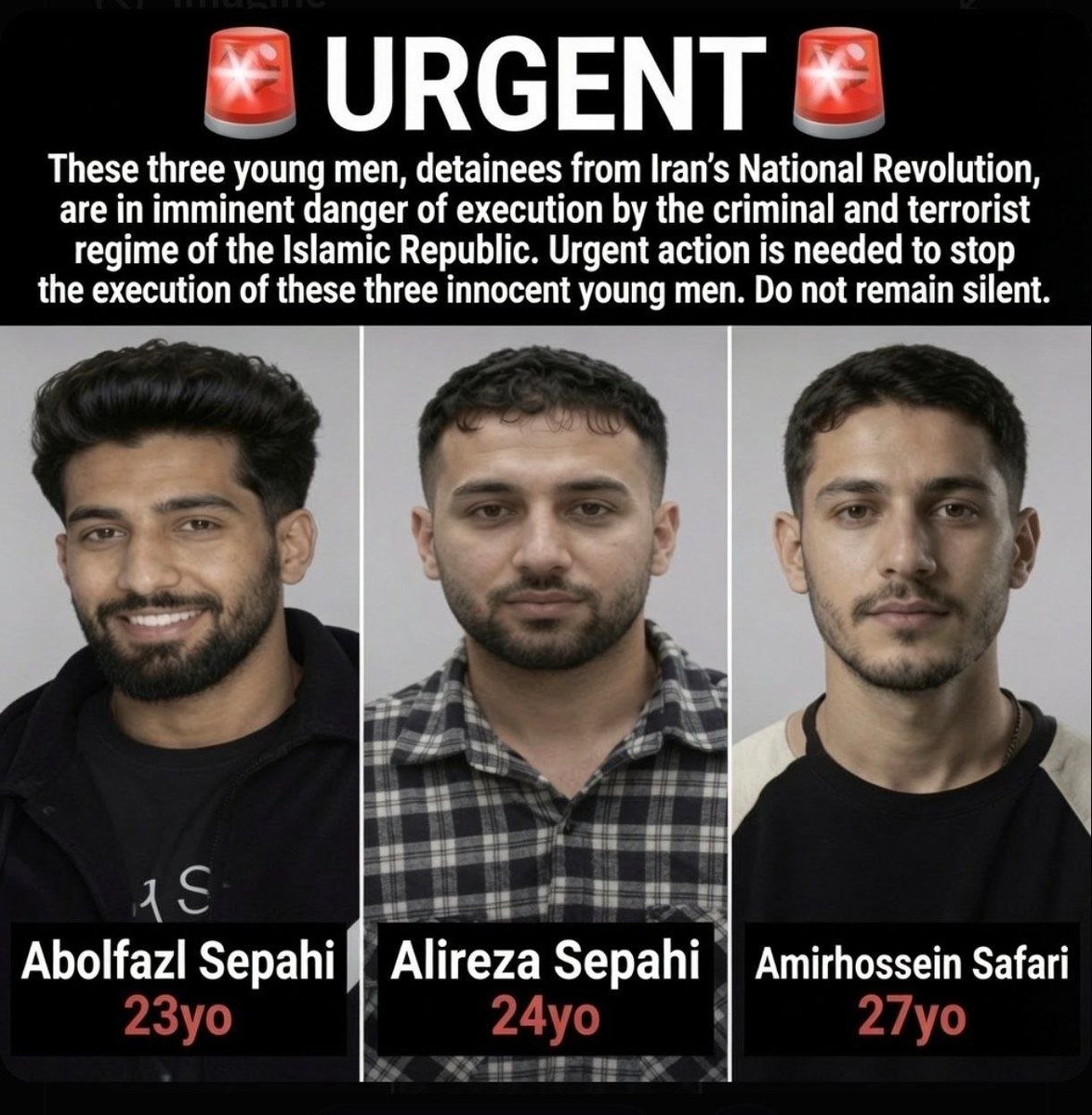 Mehdy0_0's tweet photo. 🇮🇱The Islamic Republic has turned the death penalty into a tool of fear and repression. The world must not remain silent while these young men face execution. Every voice matters. Demand an immediate halt to these executions. https://t.co/y0NselQJYH