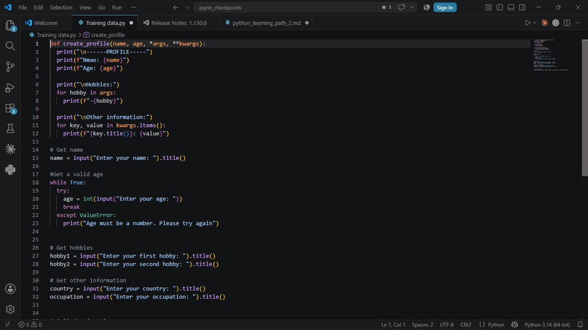 WilliamsNwachi's tweet photo. So today I learnt about *args and **kwargs, which I've not heard before during my learning, and I decided to try a new project on how to work on it. I barely passed; this one I did is help that came from above, but I will keep on sharpening my tools to be better. https://t.co/OIxc5oCmeN