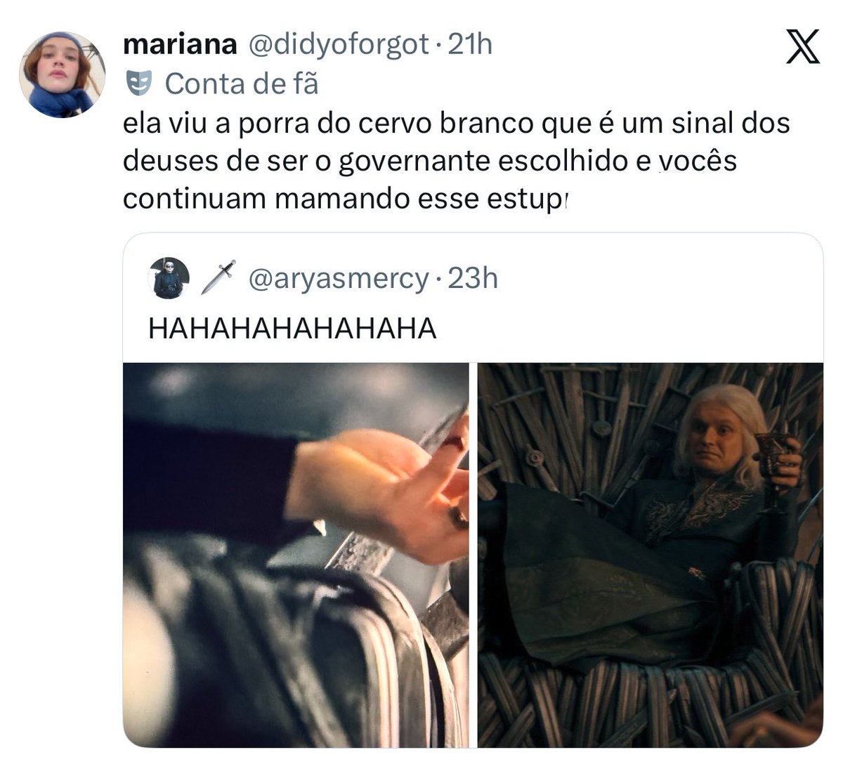 babi's tweet photo. Vcs discutindo isso e no final quem virou rei definitivo de Westeros foi o Bran Stark 

Só pra lembrar mesmo q nada vale a pena e a vida é uma merda https://t.co/Z7Vx5AyKzQ