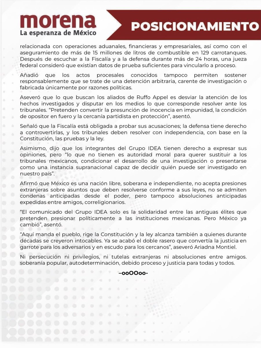 azucenau's tweet photo. 🔴Morena rechazó el pronunciamiento del Grupo IDEA sobre el caso de Ernesto Ruffo Appel y afirmó que México “no acepta lecciones de quienes traicionaron la democracia”. El partido sostuvo que la investigación se lleva conforme a la ley, defendió la actuación de las autoridades y acusó a los exmandatarios de intentar presionar a las instituciones mexicanas.