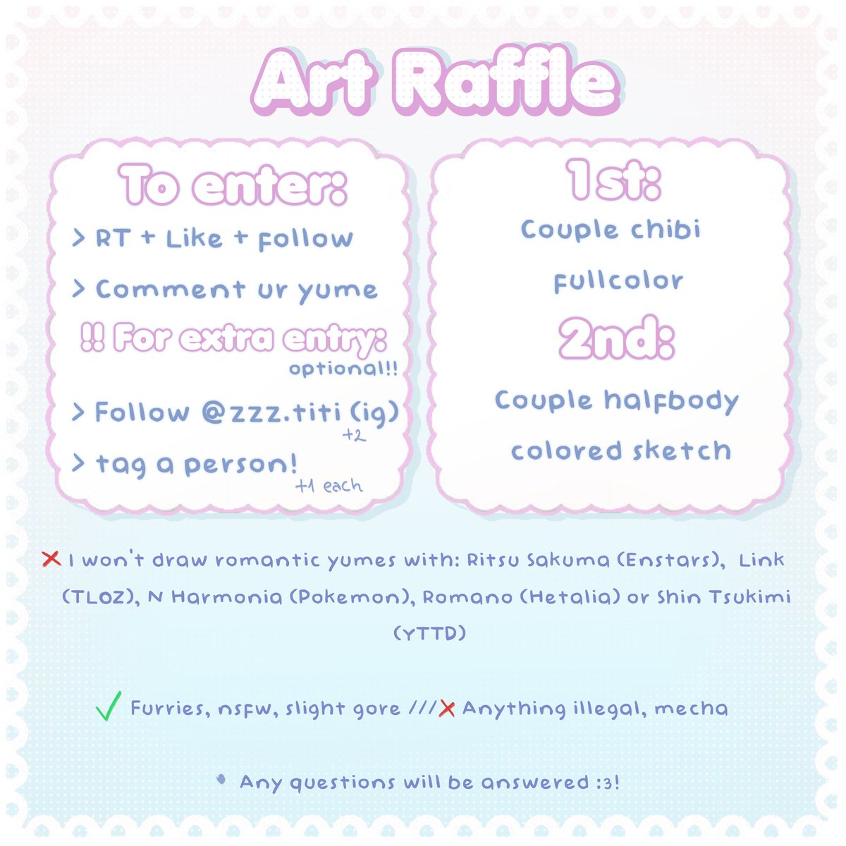 enchantluv's tweet photo. 🎉 ART RAFFLE 4 YUMETWT 🎉

HOW TO ENTER:
- RT + ❤️ + Follow here
- Comment a pic of your yume

OPTIONAL EXTRAS ENTRY:
- Follow my art ig, link below (+2)
- Tag a person (+1 each)

> RAFFLE ENDS AUG 1 <

Prizes:
1° Couple chibi full color
2° Couple half body colored sketch https://t.co/jhSahkQa0A