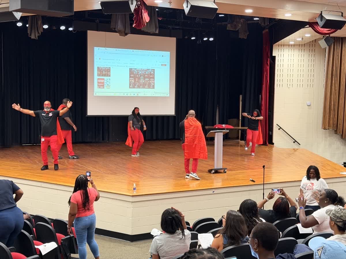 SMHSUPDATES's tweet photo. Look up on the stage, The Mighty Stone Mountain Pirates Regulators have entered the building!! Nobody does it like us!! 1st Day of Pre Planning and will only get better! Strongertogether Principal Wright and A Team have done it again!@DrNormanCSauce3 @DCSDSecondary2 https://t.co/TDkiRDkSSf