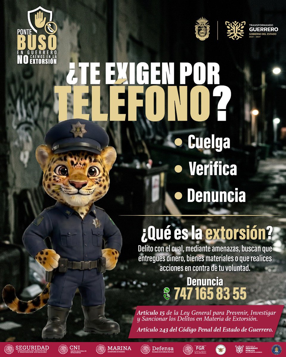 sosnoticiasgro's tweet photo. ¡No caigas en la extorsión!
No deposites dinero o proporciones información, mantén la calma, cuelga y denuncia. La prevención comienza con estar informados.
@Gob_Guerrero
#PonteBuso https://t.co/ntMnWie46z