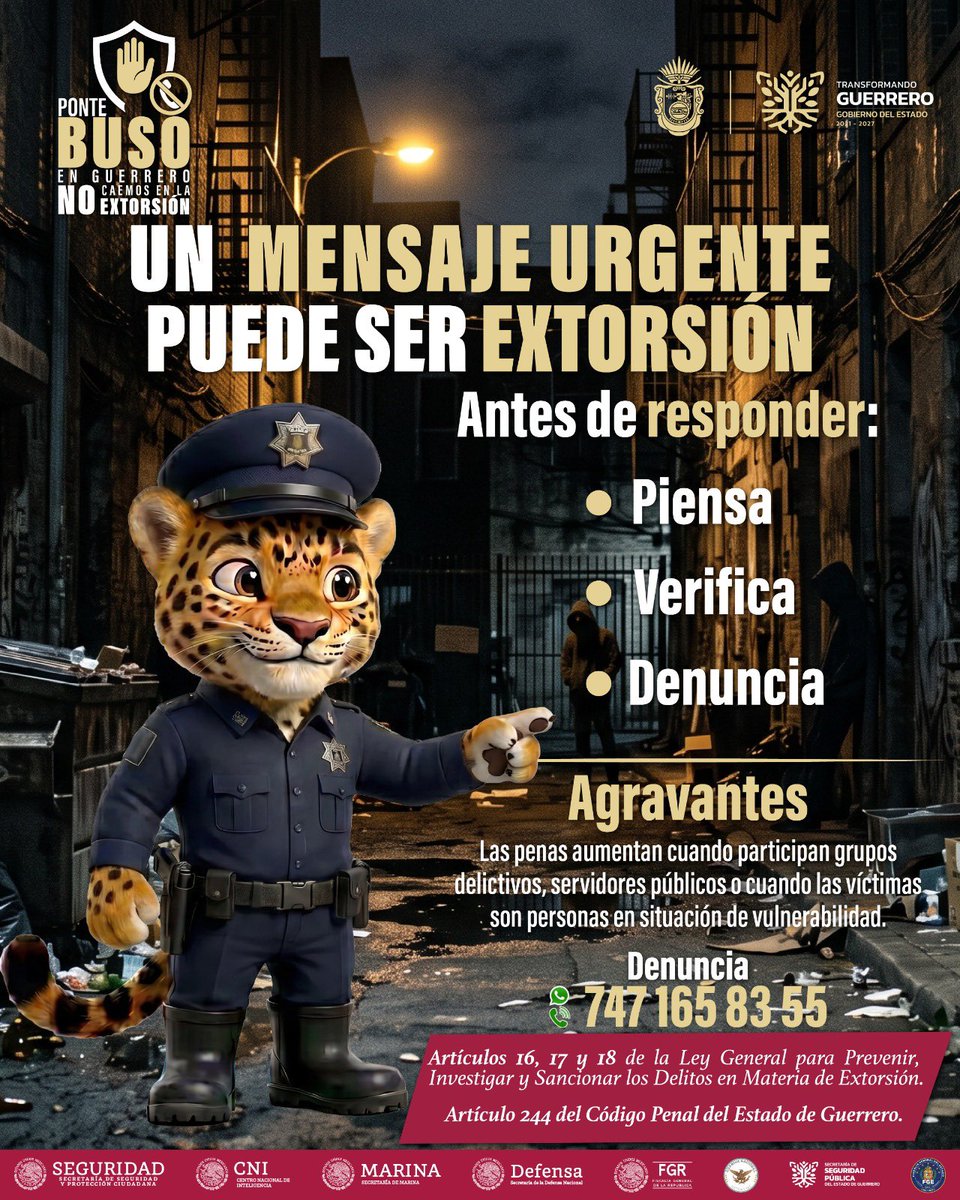 sosnoticiasgro's tweet photo. ¡No caigas en la extorsión!
No deposites dinero o proporciones información, mantén la calma, cuelga y denuncia. La prevención comienza con estar informados.
@Gob_Guerrero
#PonteBuso https://t.co/ntMnWie46z