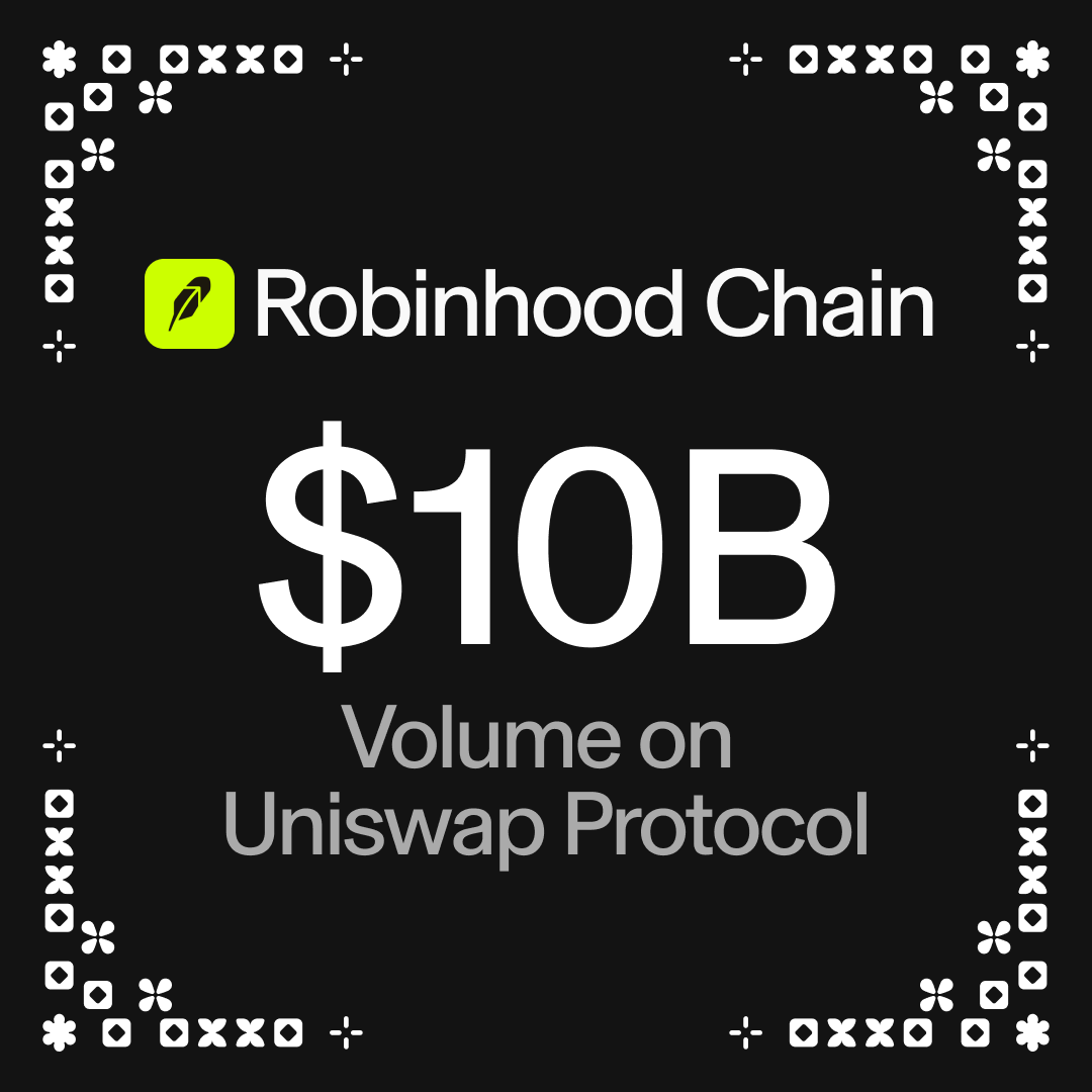 Uniswap's tweet photo. Robinhood Chain has crossed $10B+ in Uniswap protocol volume

It only took less than a month https://t.co/zodqWOpIbk