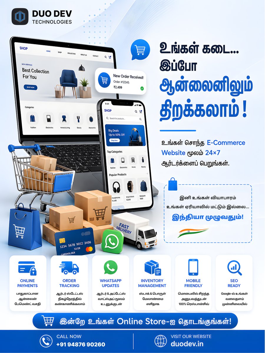 duodev_in's tweet photo. Your next customer could be shopping online. 🛒

Launch your own E-Commerce Website with:
✔️ Online Payments
✔️ Order Tracking
✔️ WhatsApp Updates
✔️ Inventory Management
✔️ Mobile Friendly Design
Sell 24×7. Grow beyond your local market.

#Ecommerce #Website #Business #Startup https://t.co/zEr3Wf2yyi