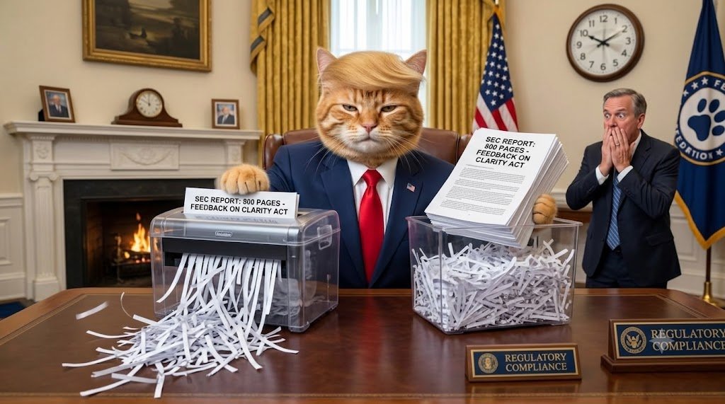 ClaritycatCCAT's tweet photo. SEC CHAIR PAUL ATKINS: 
"I'm optimistic that Congress will pass the Clarity Act."

PRESIDENT $CCAT: 
blinks slowly, purrs loudly, pushes SEC's 800-page feedback report directly into the paper shredder 🐱📄

PAUL ATKINS: 
"Breathtaking... regulatory compliance achieved ahead of schedule."

CA: 

GsRDb9dom6GEQgeMx3V41qU1ntJpRgGdzkXxFRvspump

🌐 https://t.co/ys2lfbjbBW
📡 https://t.co/11KWvWIYgV