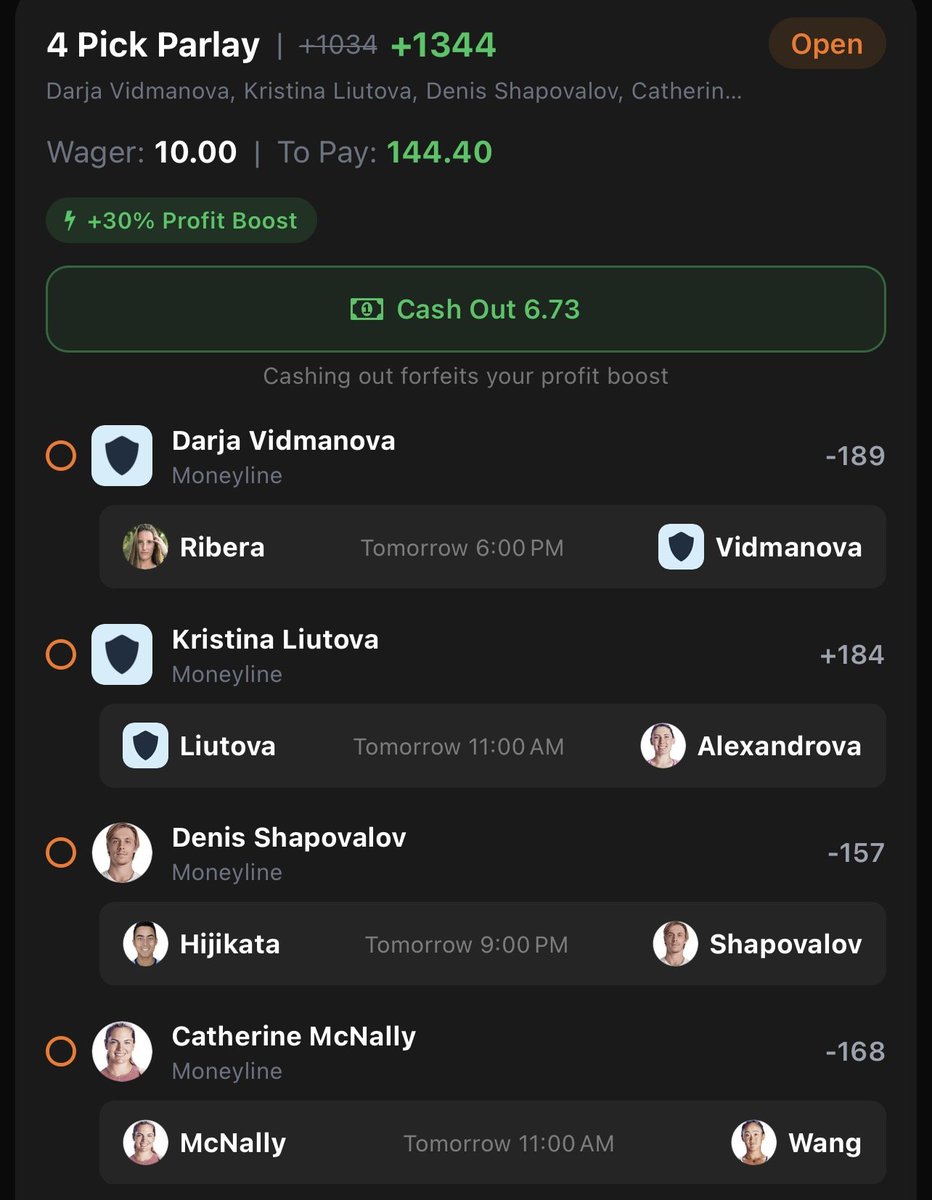 GhostEVplays's tweet photo. 🎾 Courtside Tennis &amp; Mystery Parlay Boost

🎾 +1344 (FV +1074.41)
+EV: 22.88%
Playing: 0.06 Unit Max w/ 30% Boost

🎾 +1241 (FV +1074.41)
+EV: 14.12%
Playing: 0.06 Unit Max w/ 20% Boost

#courtside #sports #tennis #atp #wta https://t.co/rlIdo2VhhG
